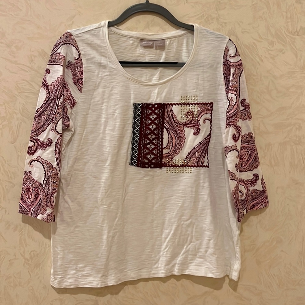 Chico's Zenergy White Burgundy Paisley 3/4 Sleeve Top Size 2